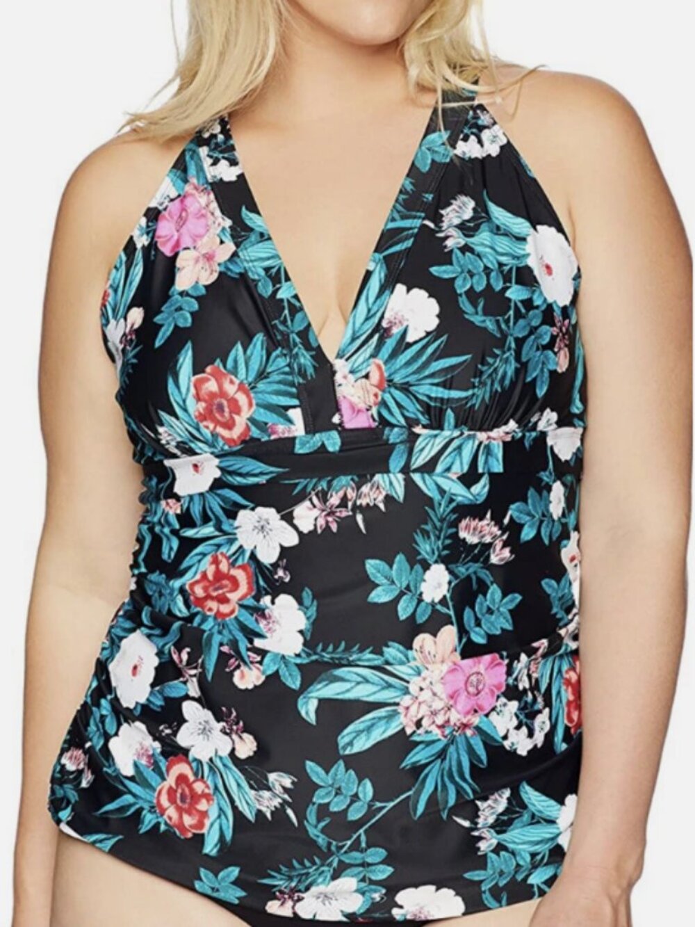 Coastal Blue Tankini Top Swim Suit  Floral Print Underwire Support Plus Size 1X